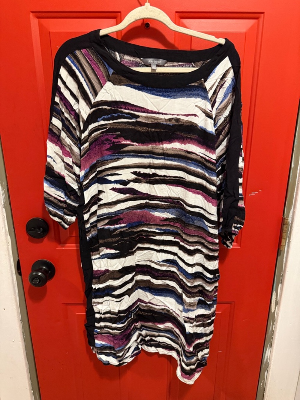 Daisy Fuentes Multicolor Striped Dress- Black, Purple, Blue. 3/4 Sleeve